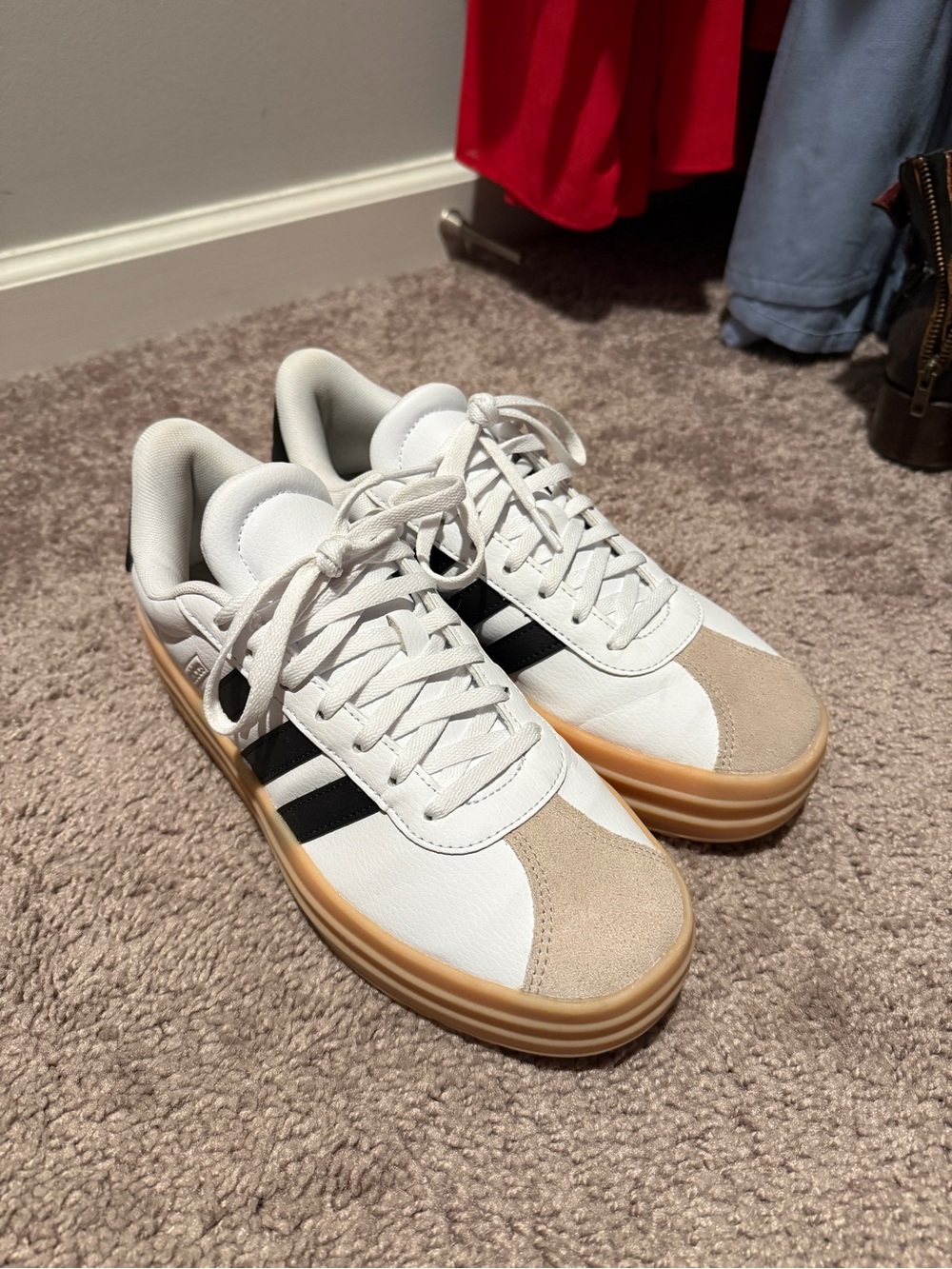 adidas White Black Tan Suede-Accent Low-Top Sneakers